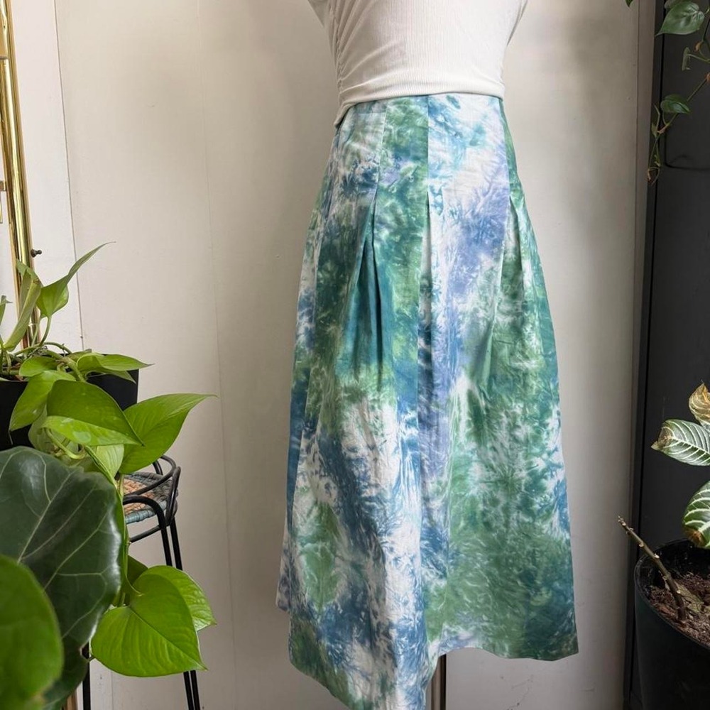 Rue It Michaa Tie Dye High Waisted A-Line Midi Skirt Green Blue White Small